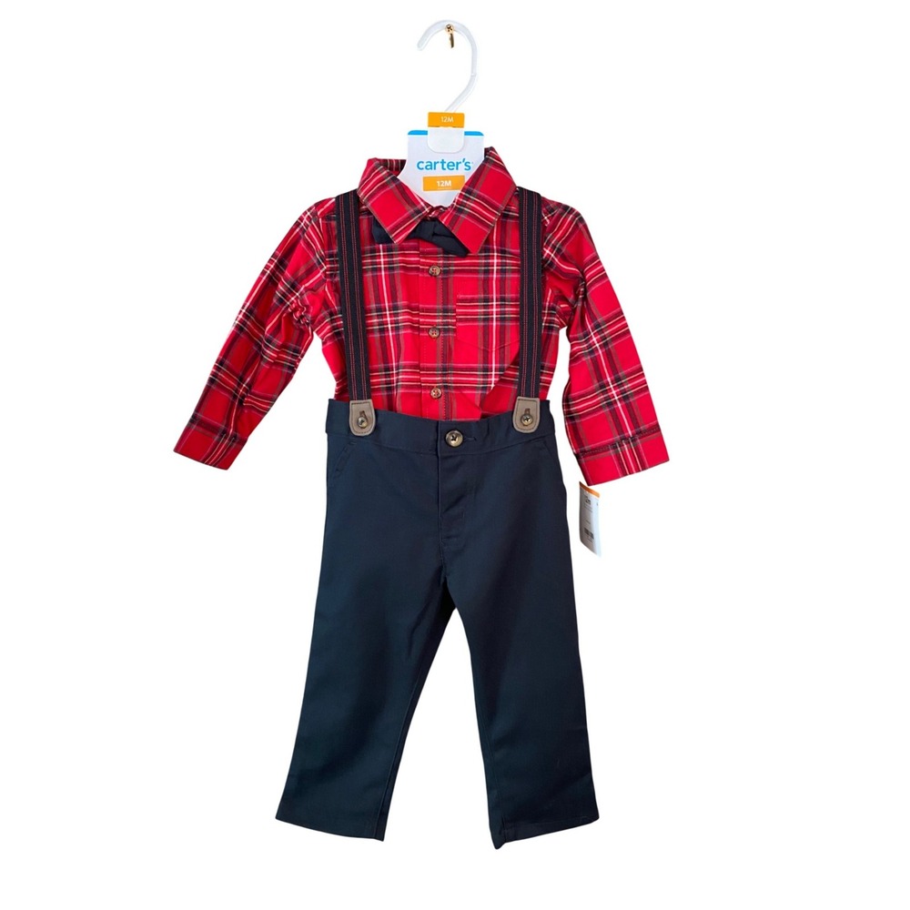 Carters Baby Boys 4-Piece Red Plaid Shirt Navy Pants Suspenders Bow Tie Set 12M